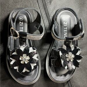Black Kids Sandals with Floral Design